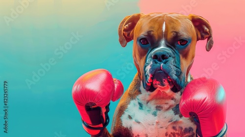 A boxer dog wearing red boxing gloves is ready to fight. photo