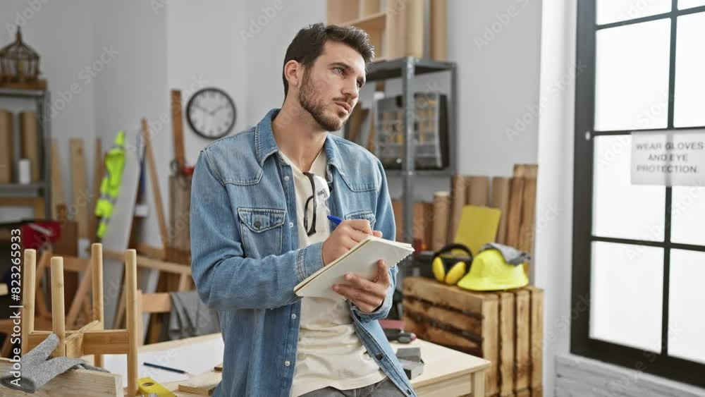 Focused craftsman taking notes in a well-equipped carpentry workshop. Focused craftsman taking notes in a well-equipped carpentry workshop.