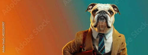 A bulldog wearing a suit and tie looks like a boss. photo
