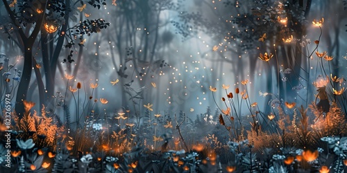 Magical woodland glade aglow with fireflies and whimsical creatures in celebration. Concept Woodland Fantasy, Firefly Magic, Whimsical Creatures, Enchanted Glade, Celestial Celebration photo