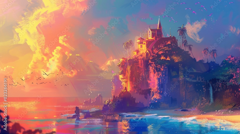Fototapeta premium Half-Staff, Summer Holiday, enchanting fantasy illustrations with a spectrum of colors, abstract expressionism, VFX