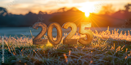 Jahreswechsel 2025 mit Landschaft und Sonnenaufgang photo