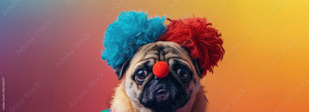 A cute pug dog wearing a red nose and a blue and red party hat.