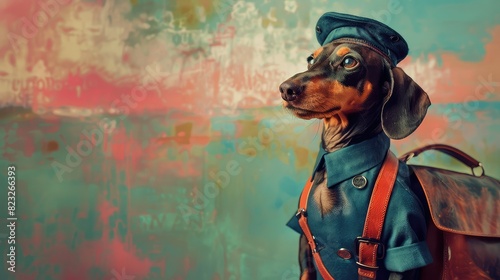 A dachshund dog wearing a postman's hat and bag. photo