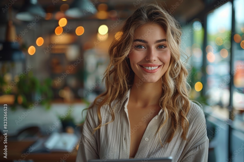 Obraz premium Portrait of happy businesswoman with touchpad in office looking at camera.