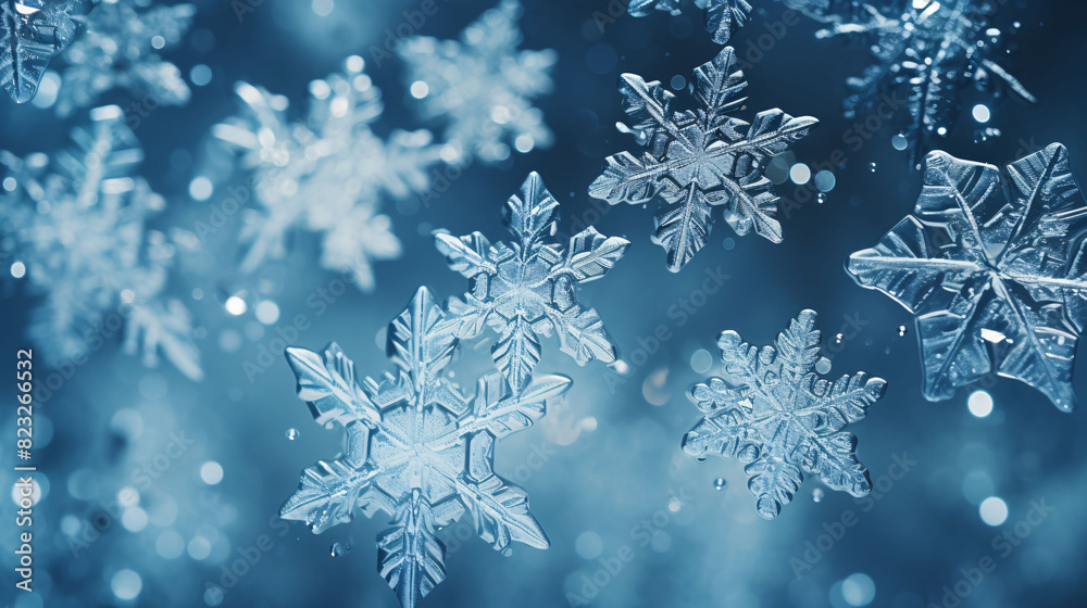 Close-up rendering of winter snowflakes, winter solstice concept illustration background Close-up rendering of winter snowflakes, winter solstice concept illustration background