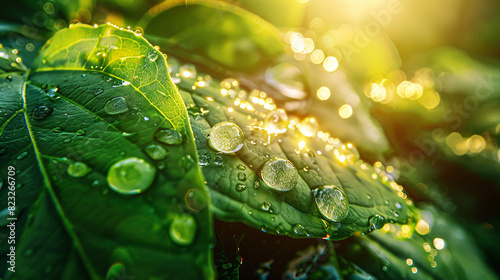 Beautiful drops of transparent water on green leaf glo photo