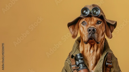 A dog wearing a hat and binoculars is ready to go on an adventure. photo