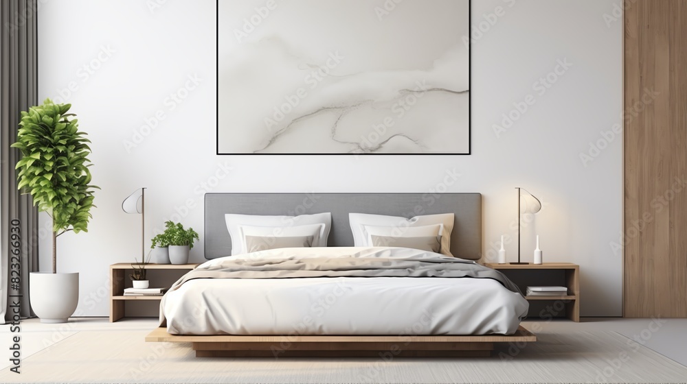 Modern bedroom interior with a comfortable bed and minimalist decor Interior design and lifestyle concept Modern bedroom interior with a comfortable bed and minimalist decor Interior design and lifestyle concept
