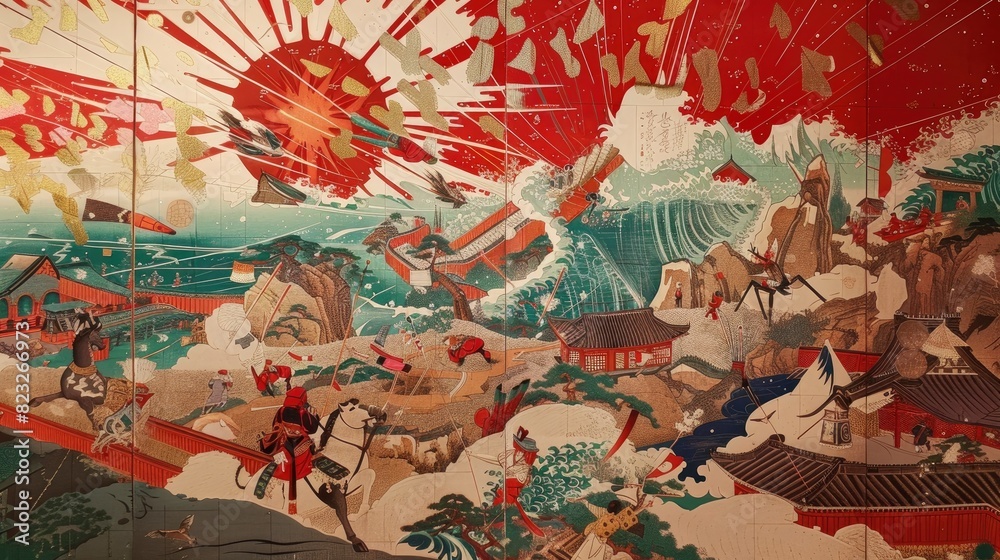 Historical events, Festivities, fantastical landscapes painted with vivid hues, Japanese woodblock prints, SFX Historical events, Festivities, fantastical landscapes painted with vivid hues, Japanese woodblock prints, SFX