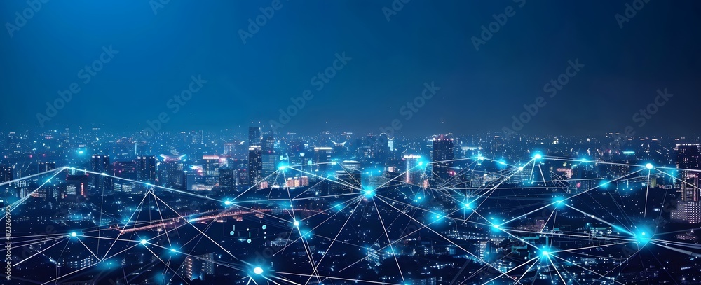 Futuristic Cityscape with Network Connections at Night