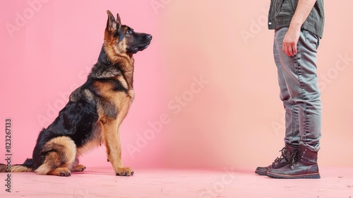 A German Shepherd sits obediently next to a man in casual clothes on a pink background. photo