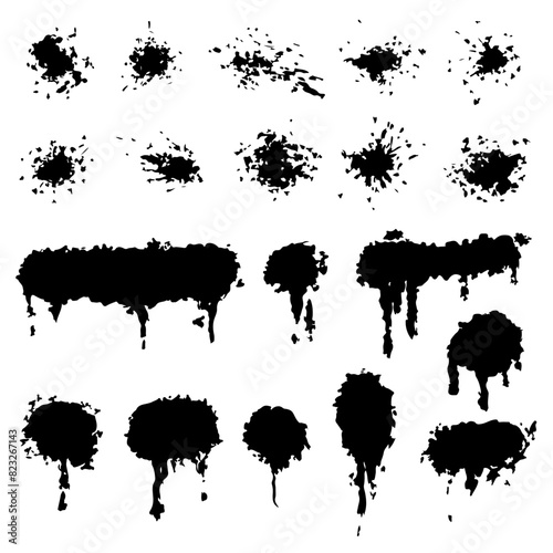 Drops and sprays of ink. Black paint splatters. Blotter spots, liquid paint drip drop splash and ink splatter. Artistic dirty grunge abstract spot vector set.