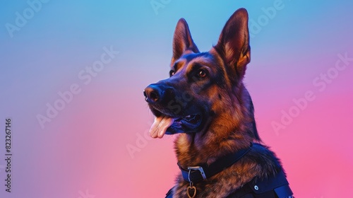 A German Shepherd dog wearing a police vest is sitting in front of a colorful background.