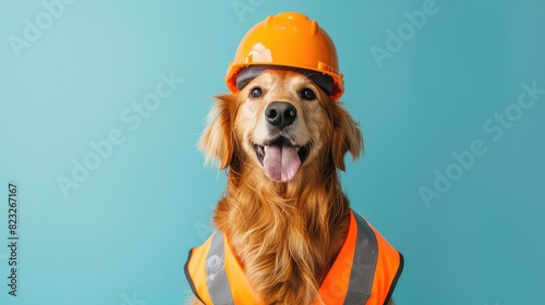 A golden retriever dog wearing an orange hard hat and a yellow reflective vest is looking at the camera with a happy expression on its face.