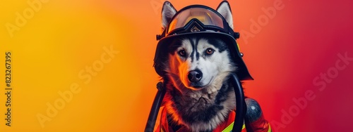 A photo of a husky dog wearing a firefighter's helmet and goggles, with an orange and yellow background. photo