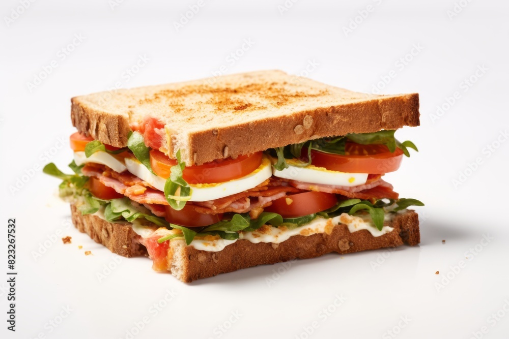 Tasty sandwiches on a ceramic tile against a white background Tasty sandwiches on a ceramic tile against a white background