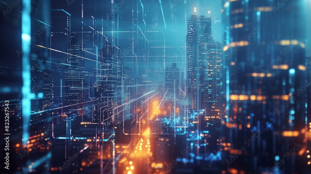 A digital art piece showing a bustling cityscape at night with vivid, neon digital overlays and light streaks, creating a vibrant and dynamic urban scene. A digital art piece showing a bustling cityscape at night with vivid, neon digital overlays and light streaks, creating a vibrant and dynamic urban scene.