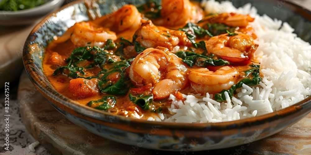 Creamy Tomato Ginger Shrimp Curry with Spinach and Rice. Concept Indian Cuisine, Tomato-Based Curries, Seafood Dishes, Spinach Recipes, Rice Dishes Creamy Tomato Ginger Shrimp Curry with Spinach and Rice. Concept Indian Cuisine, Tomato-Based Curries, Seafood Dishes, Spinach Recipes, Rice Dishes