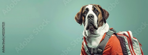 A St. Bernard dog wearing a backpack is sitting in front of a green background. The dog is looking at the camera. photo