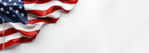 American flag on white background. Banner for Flag Day, Independence Day, Memorial Day. Flat lay, top view. Copy space for text. Mock up. Close up.