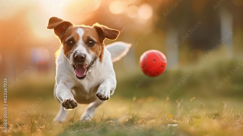 Cute dog Jack Russell Terrier running after the ball in the park