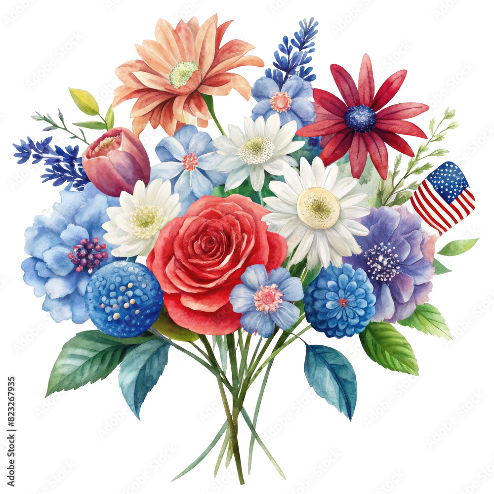 Bouquet of flowers and flags of the USA on a transparent background Bouquet of flowers and flags of the USA on a transparent background