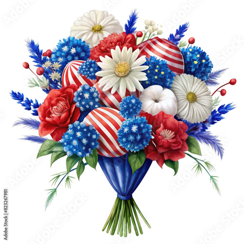 Bouquet of flowers and flags of the USA on a transparent  background