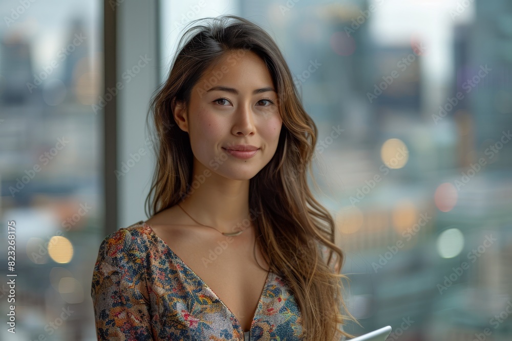 Portrait of happy businesswoman with touchpad in office looking at camera.