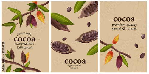 Collection of Cocoa beans with leaves isolated on brown light background. Chocolate cocoa beans. Vector illustration. Design templates.