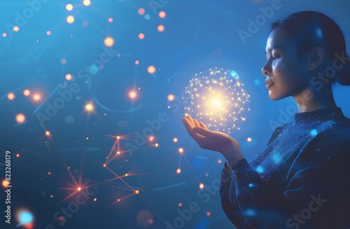 Woman Holding Glowing Connection Dots on Futuristic Digital Network