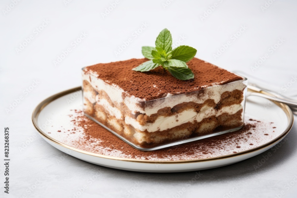 Refined tiramisu on a metal tray against a white background Refined tiramisu on a metal tray against a white background