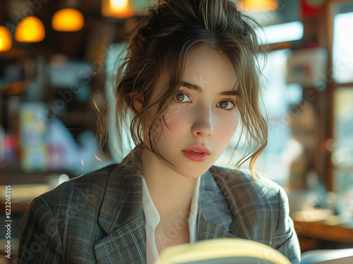 Younh attractive woman, looking at a camera, sitting in a cozy cafe, dressed in a checkered blazer and a white shirt, with a light brown updo hairstyle, in a warm, ambient cafe with dim lighting photo