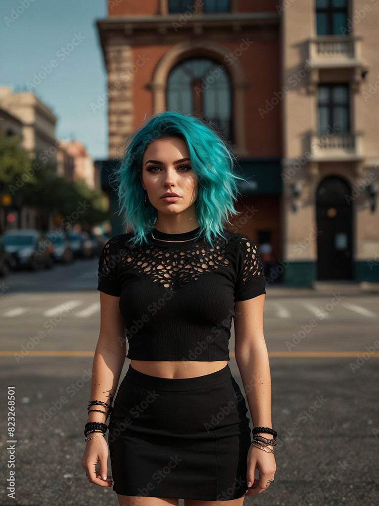 a girl with blue hair stands on a street with a black skirt and a black top a girl with blue hair stands on a street with a black skirt and a black top