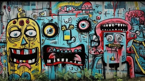 Graffiti on the walls cartoon designs  funny faces and obsolete robots.