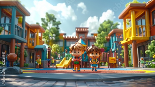 Group of 3D realistic cartoon children enjoying various playground activities, including climbing, swinging, and running, capturing the essence of playful interaction photo