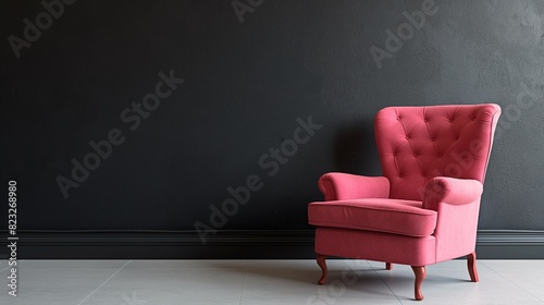 Colorful interior with a pink armchair on an empty, dark wall background.