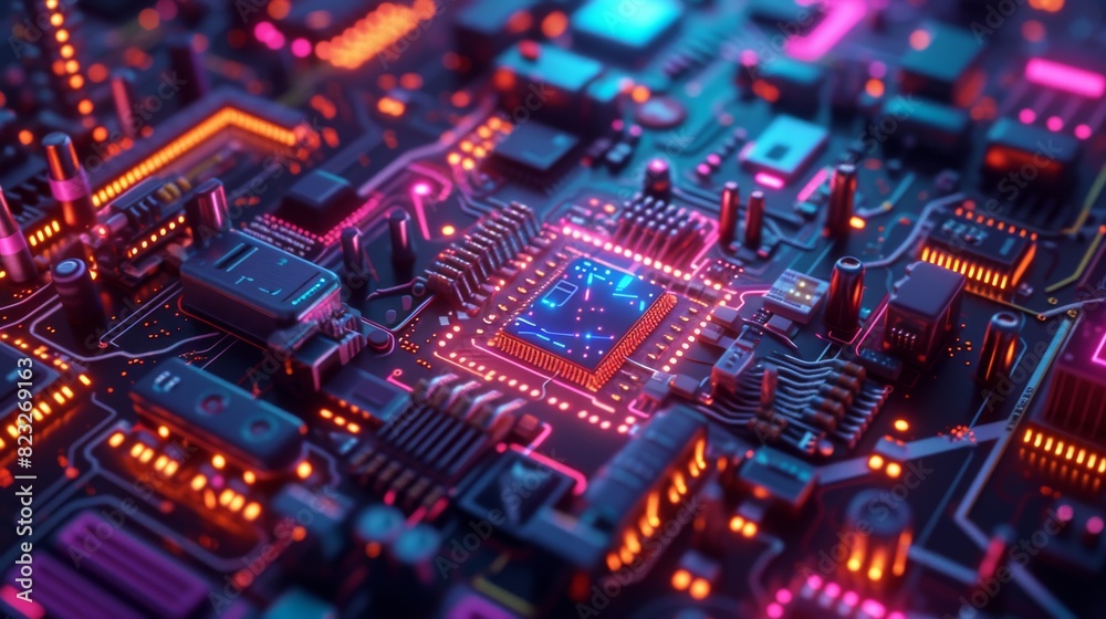 Detailed view of a high-tech circuit board with blue neon lights highlighting sophisticated electronic components and pathways. Detailed view of a high-tech circuit board with blue neon lights highlighting sophisticated electronic components and pathways.