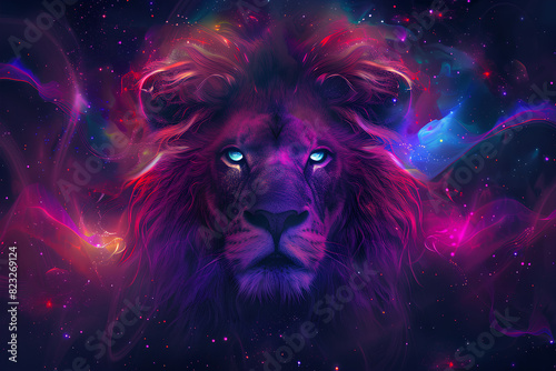 artistic lion on a black background  beautiful cosmic lion with a sharp gaze  lots of colorful lights around it  vector
