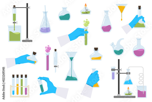 Set of Chemistry lab and diagrammatic icons showing assorted experiments. Discovery and chemistry symbol.