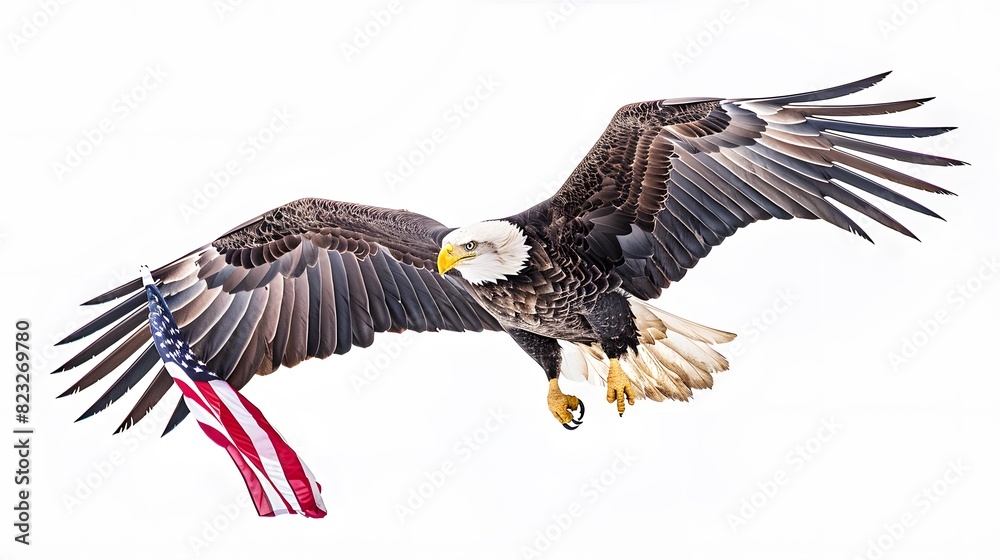 Fototapeta premium Illustration of an American bald eagle in front of USA's flag. The bald eagle is the emblem of the nation with its' fierce beauty and proud independence symbolizes the strength and freedom of America