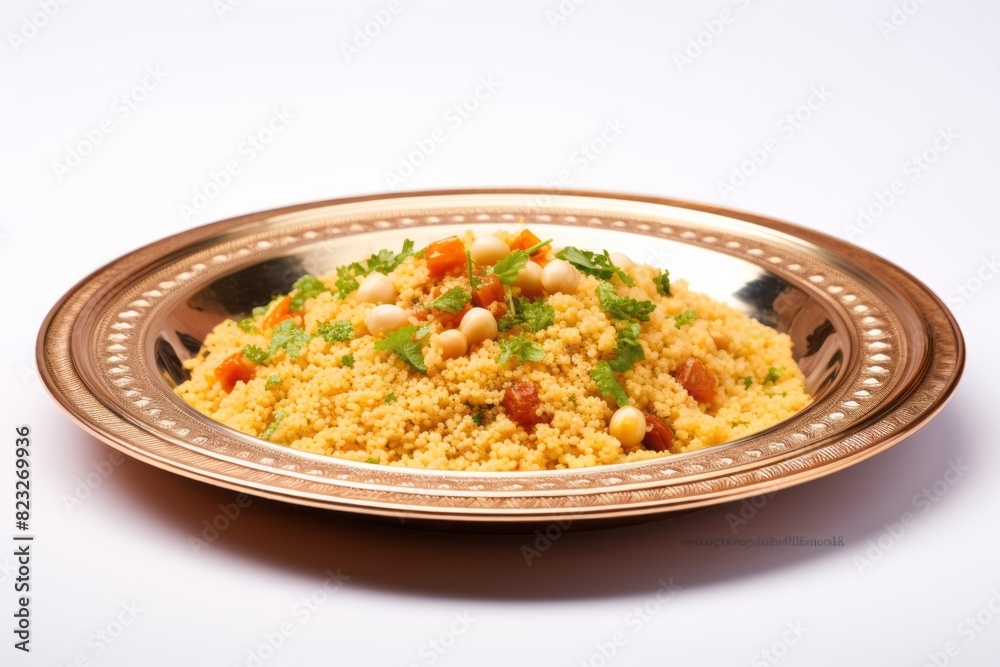 Delicious couscous on a porcelain platter against a white background
