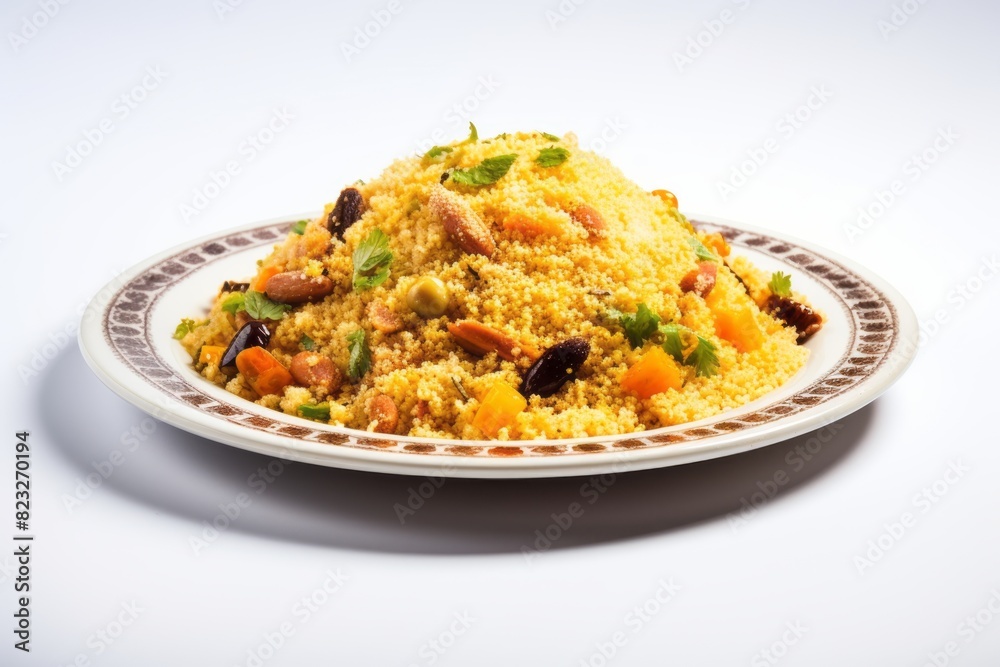Delicious couscous on a porcelain platter against a white background Delicious couscous on a porcelain platter against a white background