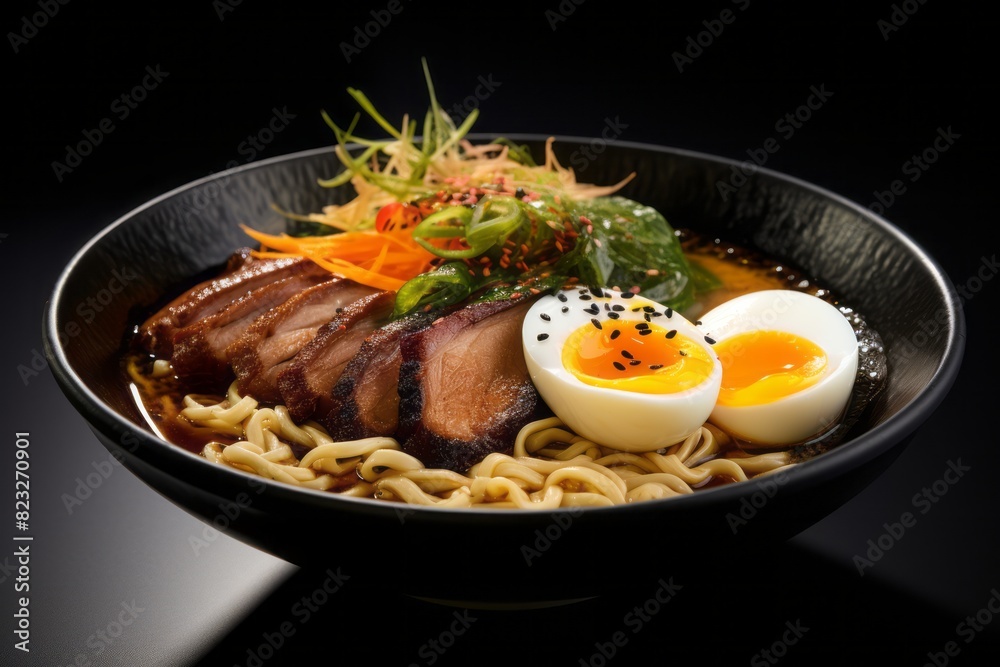 Hearty ramen on a slate plate against a white background Hearty ramen on a slate plate against a white background