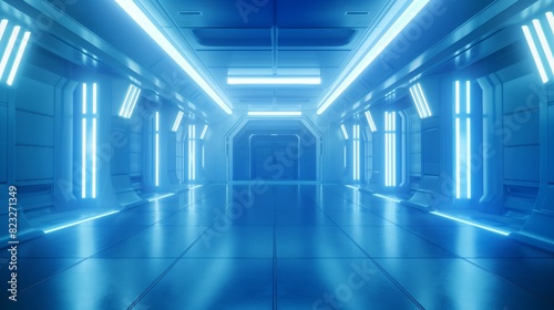 Empty, light blue studio room futuristic Sci-Fi big hall room with lights blue, Future background for design