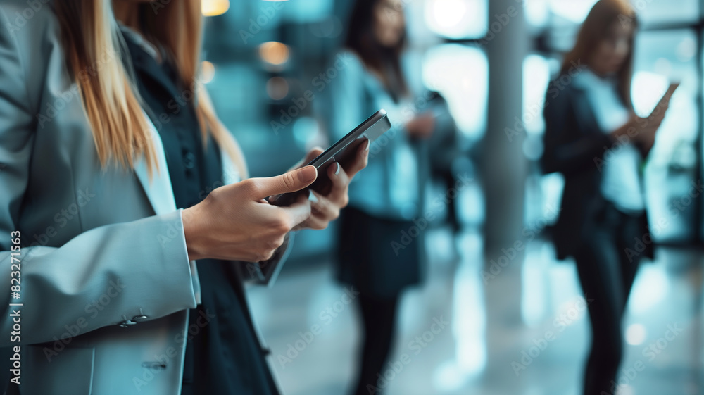 Blurred image of business people with phones, copy space, professional setting, ideal for creative stock photography Blurred image of business people with phones, copy space, professional setting, ideal for creative stock photography