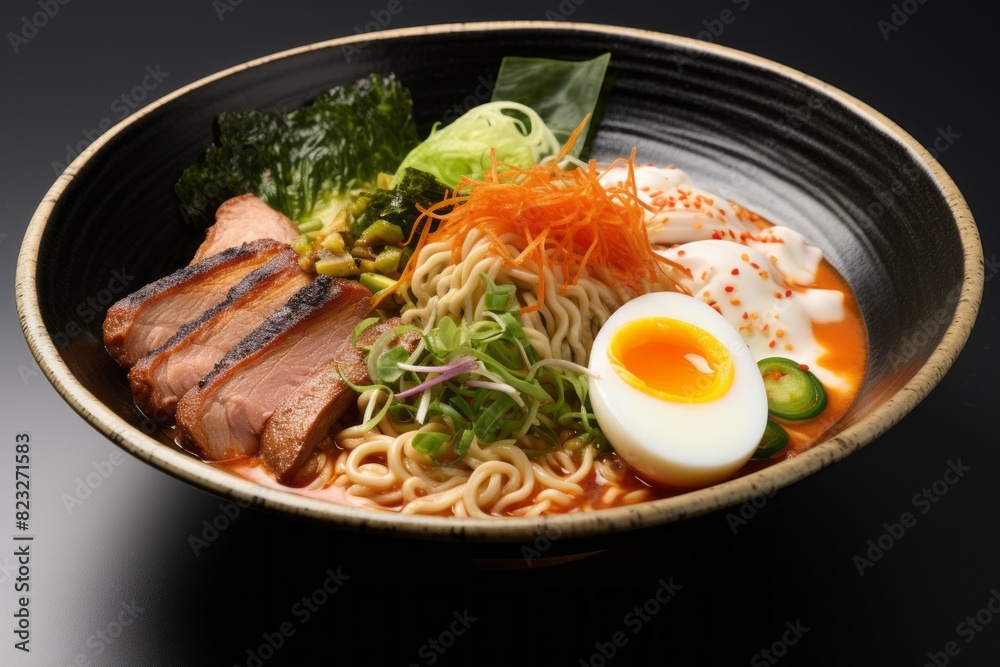 Hearty ramen on a slate plate against a white background Hearty ramen on a slate plate against a white background
