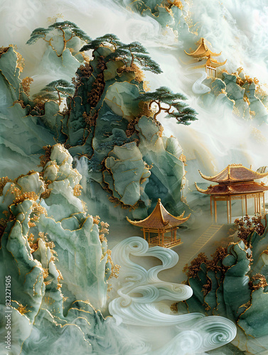 3D glazed ancient building illustration, Spring Festival New Year scene background element illustration