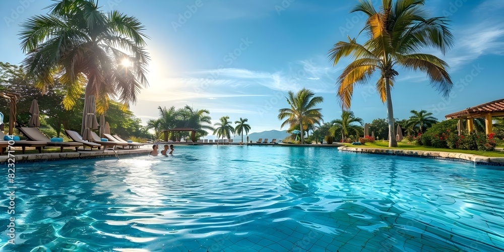 Tropical Resort Pool Party with Palm Trees Under a Blue Summer Sky. Concept Tropical Resort, Pool Party, Palm Trees, Blue Summer Sky, Outdoor Photoshoot Tropical Resort Pool Party with Palm Trees Under a Blue Summer Sky. Concept Tropical Resort, Pool Party, Palm Trees, Blue Summer Sky, Outdoor Photoshoot
