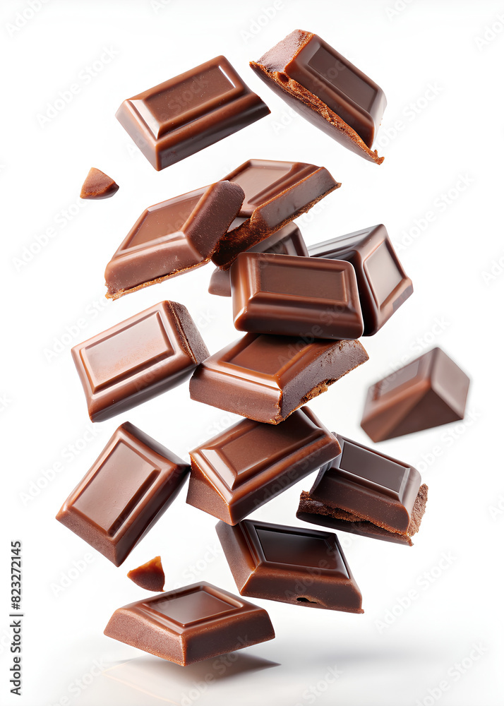 Chocolate pieces falling on isolate white background, clipping path Chocolate pieces falling on isolate white background, clipping path